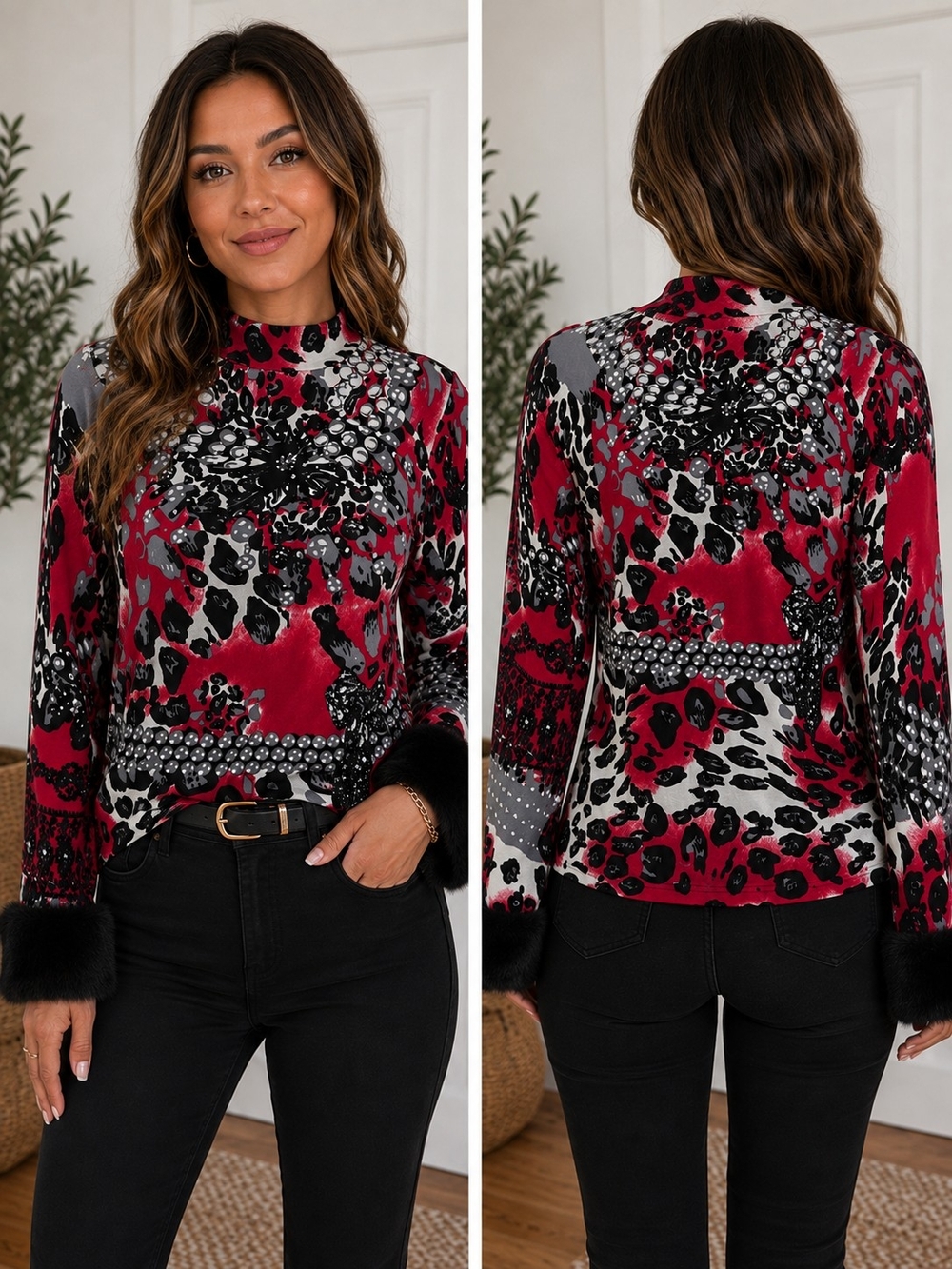 Boston Proper Red and Black Velvet Patterned Top with Faux Fur Cuffs